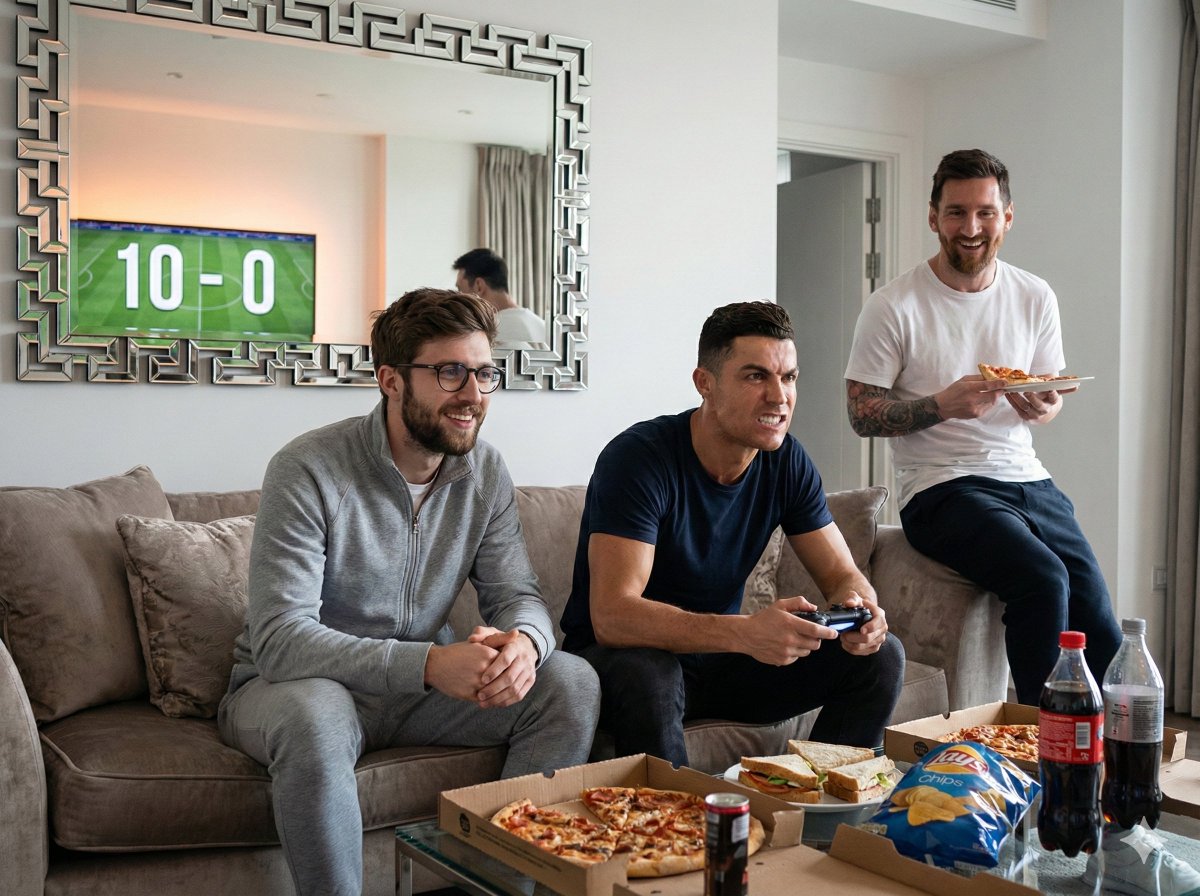 Hyper-Realistic Cinematic Scene of Ronaldo Losing a Video Game to Subject 1