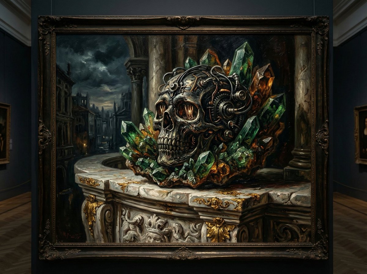 Dramatic Chiaroscuro Oil Painting of Biomechanical Skull 1