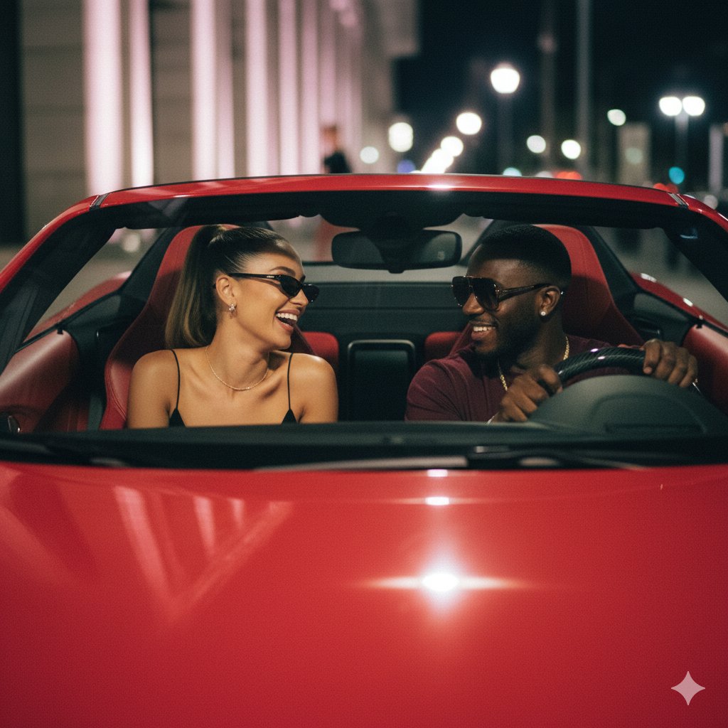 Cinematic Night Shot of Couple in Red Convertible 2