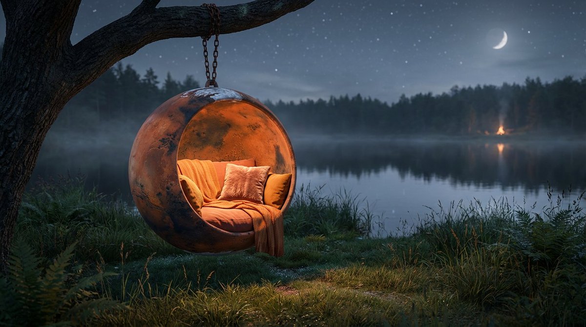 Cinematic lakeside hanging chair concept prompt with space object theme 4