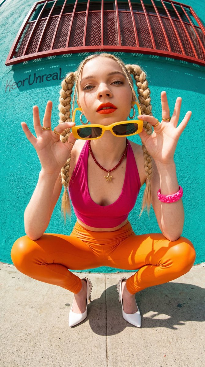 Photorealistic streetwear portrait of Emma Myers with fisheye distortion 2