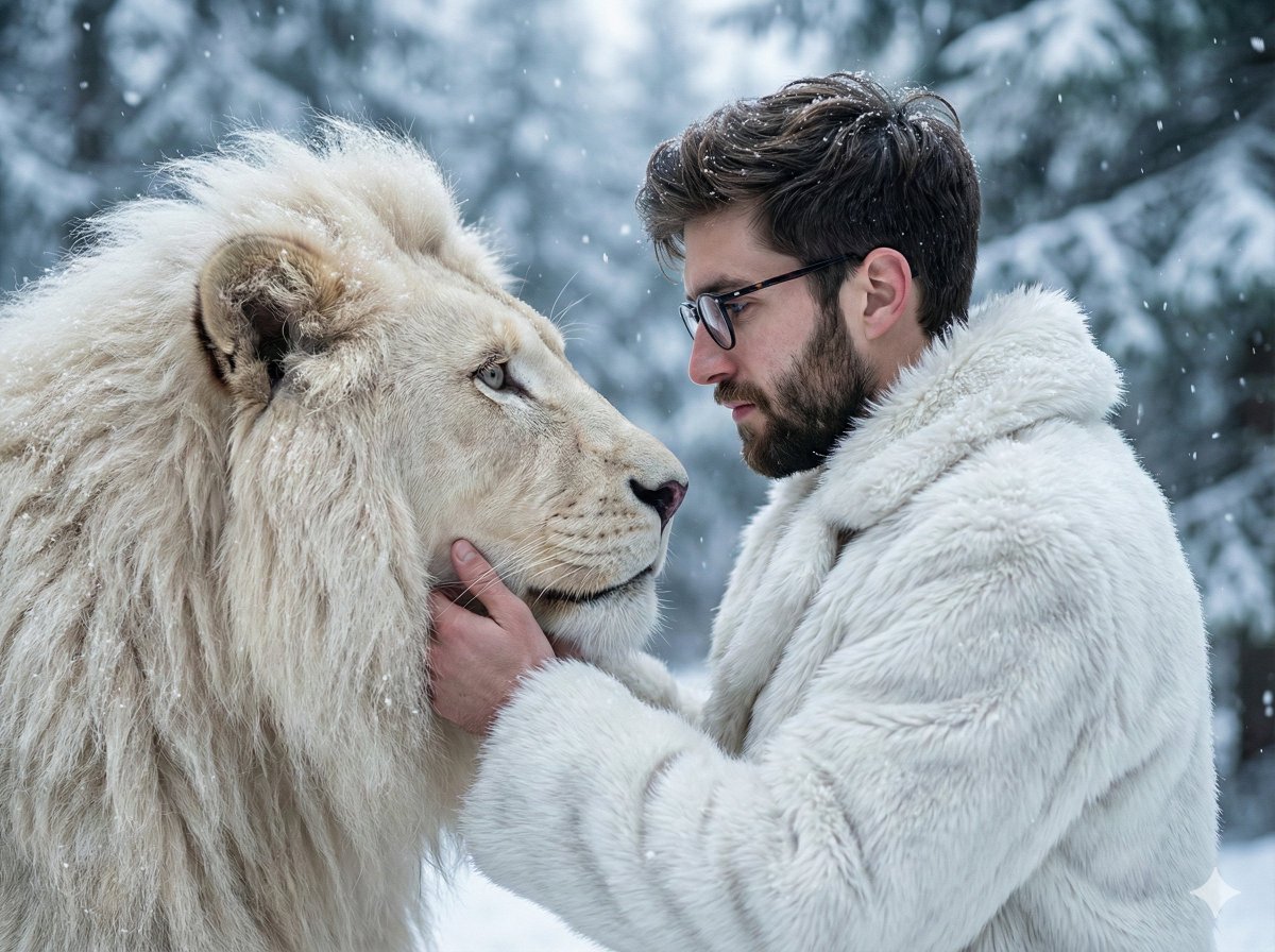 Cinematic Portrait of Man and White Lion in Snowy Forest 2