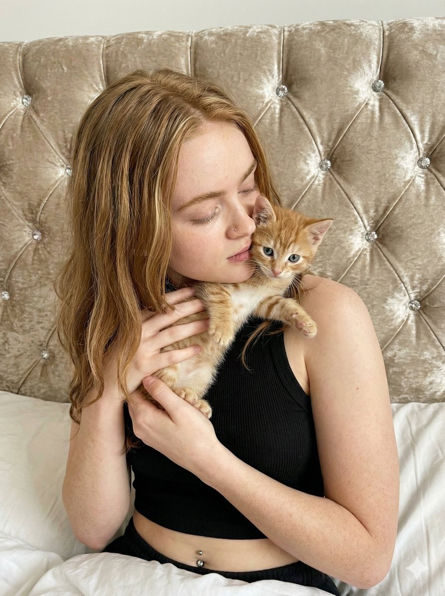 Tender Portrait of Woman Nuzzling a Kitten 1