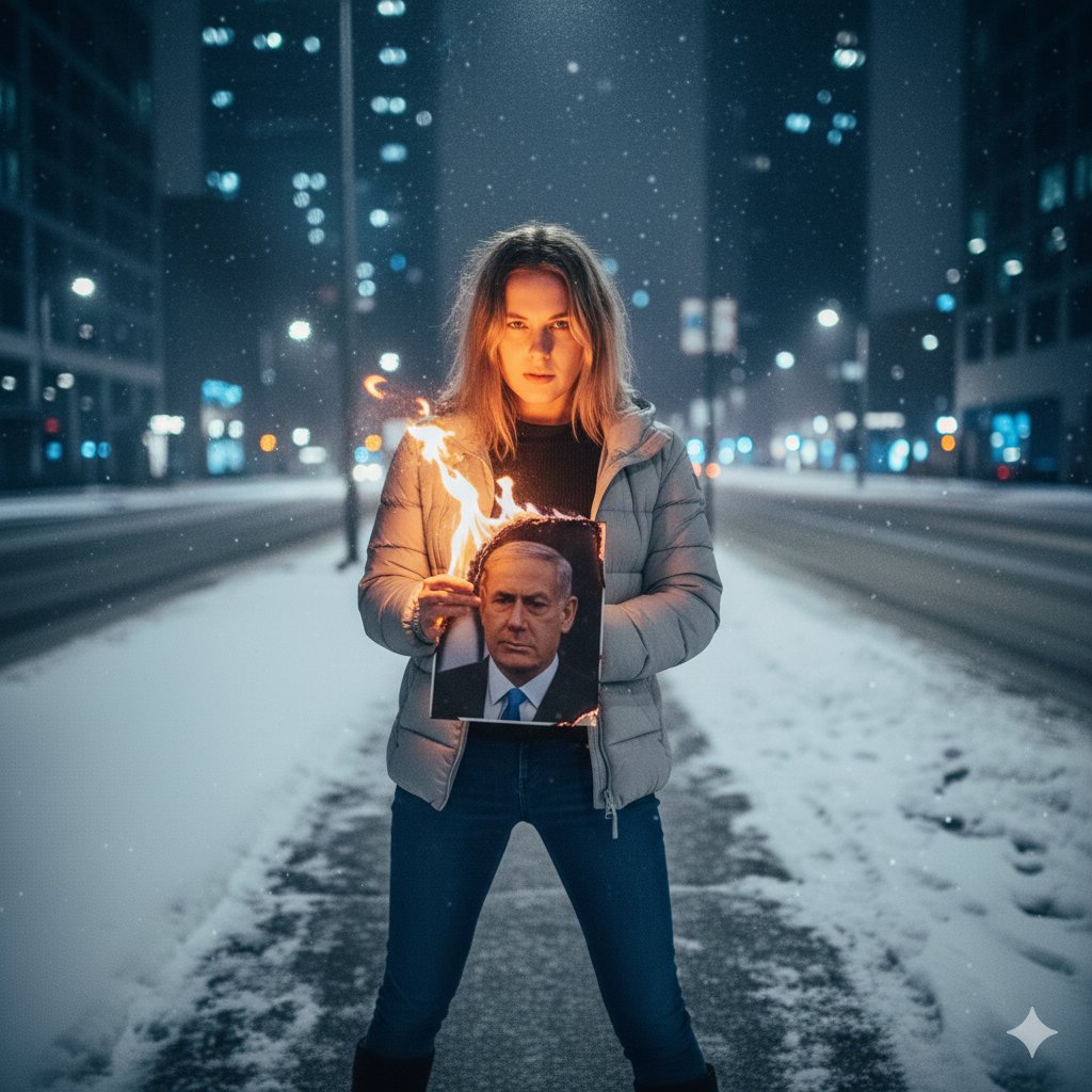 Defiant Woman Lighting Cigarette with Burning Photo 1