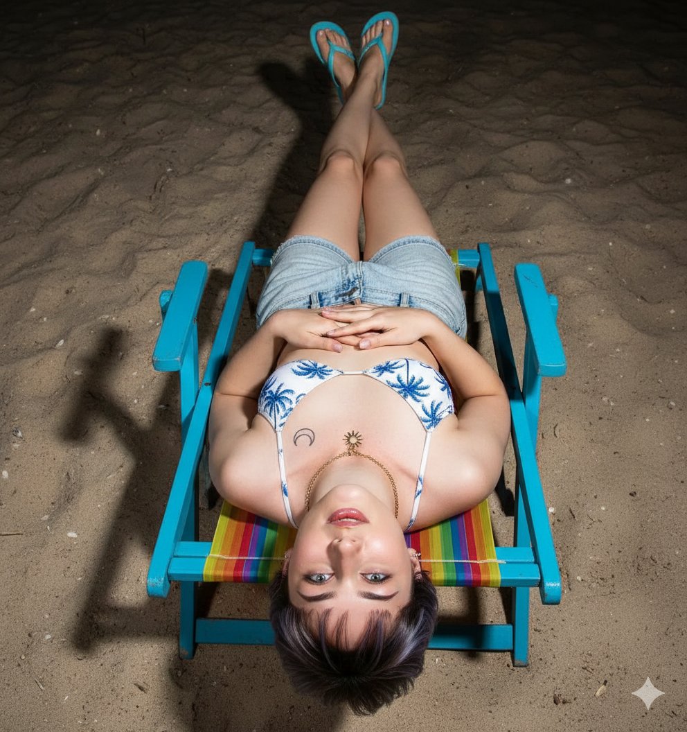Flash Photography of Person Lounging Upside-Down on Beach Chair at Night 1