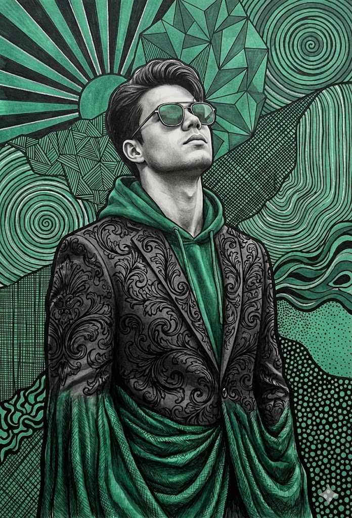 Emerald and Charcoal Mixed-Media Pop Realism Portrait Prompt 1