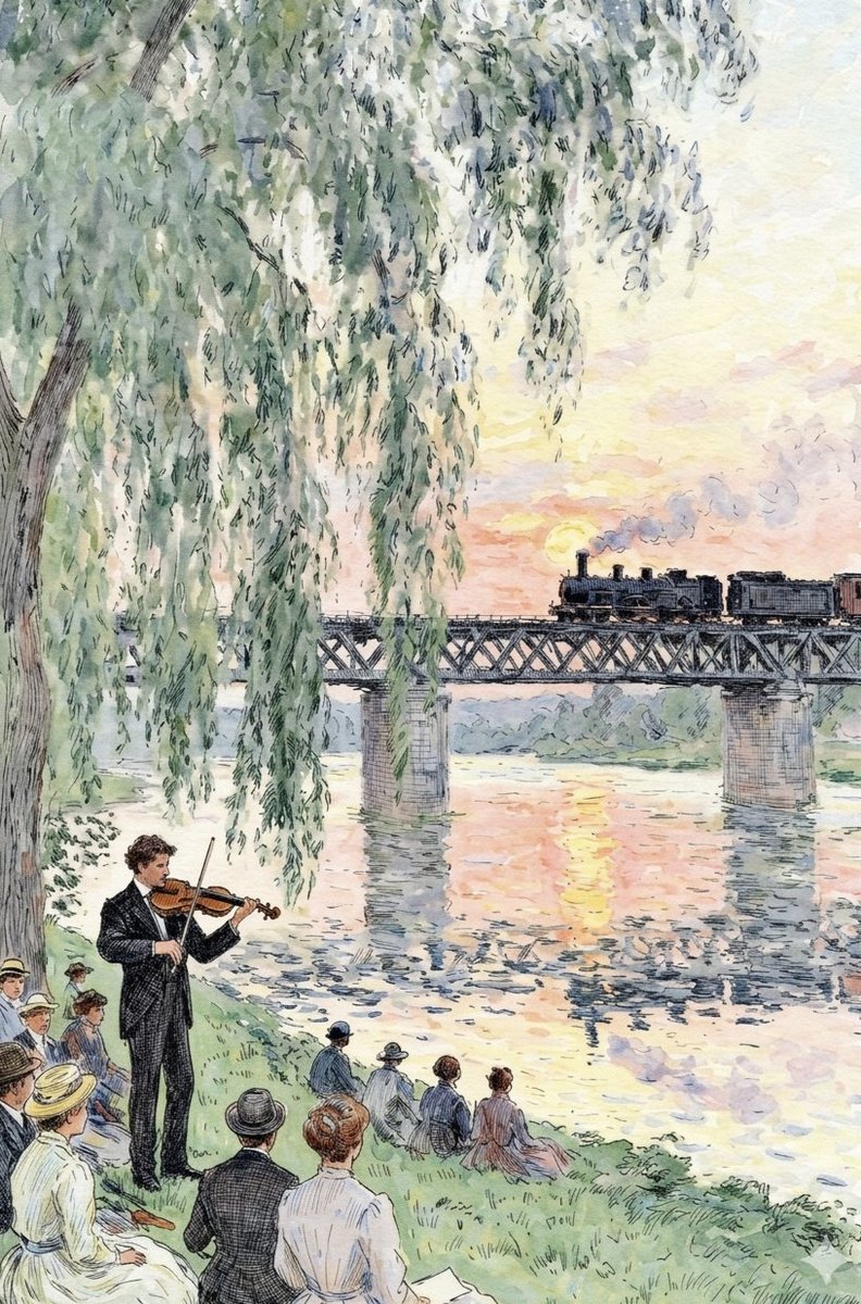 Watercolor Riverside Violinist at Sunset 1