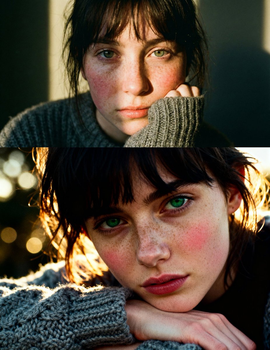 Cinematic close-up portrait with green eyes and knit sweater 1