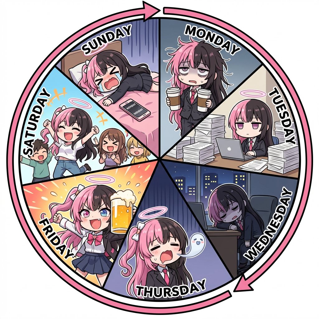 Infographic prompt for 'Monday to Sunday' infinite loop manga 1