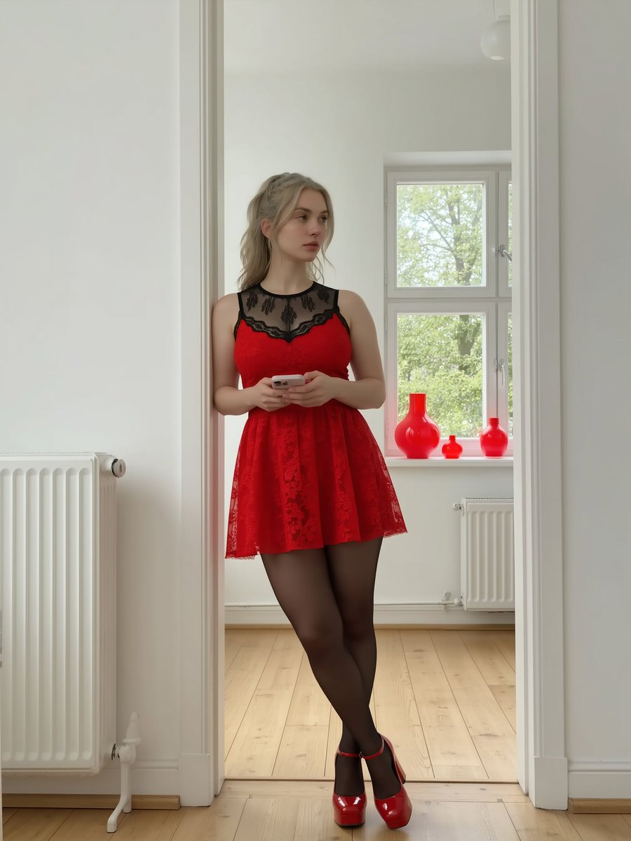 Red Lace Mini Dress Fashion Portrait in Modern Interior 2