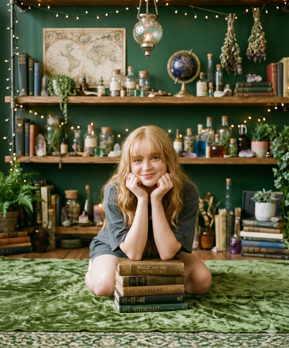 Cozy Portrait of Girl with Mystical Objects and Vintage Books 1