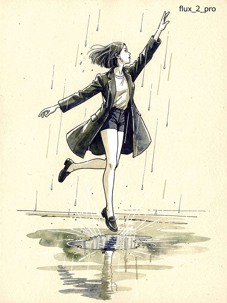 Ink pen style illustration of a woman jumping in the rain 1