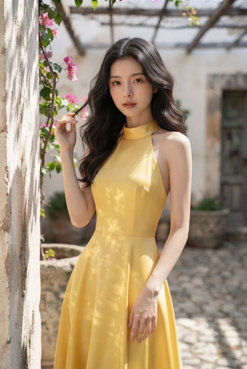 Elegant Woman in Mediterranean Courtyard 1
