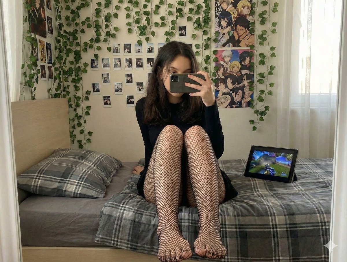 Candid Mirror Selfie with Fishnet Stockings Focus Prompt 2