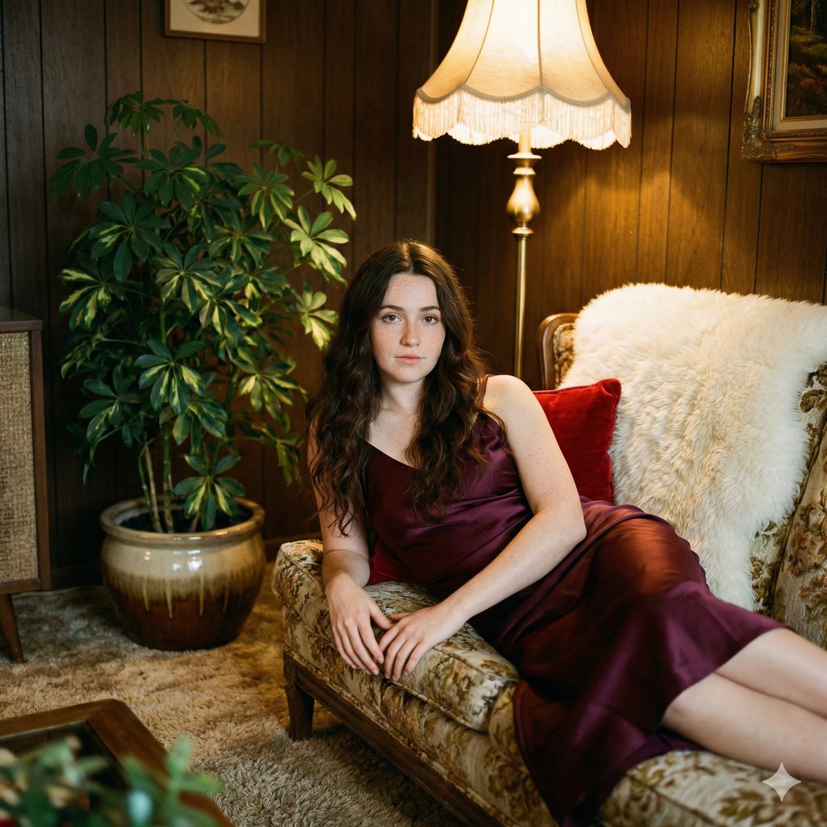 Vintage 70s analog portrait on a velvet sofa 2