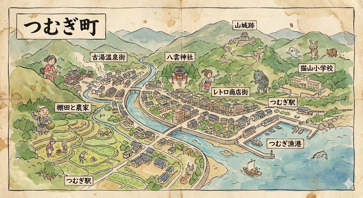 Hand-drawn map of a fictional Japanese town 1