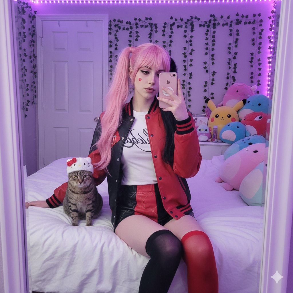 E-Girl Mirror Selfie with Cat Prompt 1
