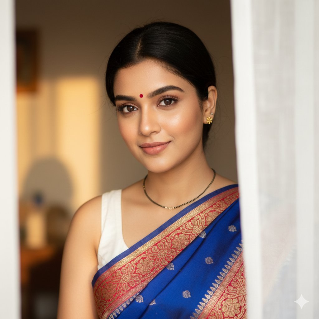 South Asian Woman Portrait with Saree and Sheer Curtains 1