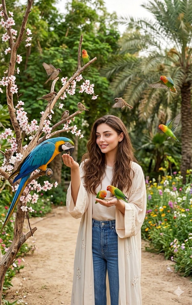 Indian Woman with Macaw in Forest 1