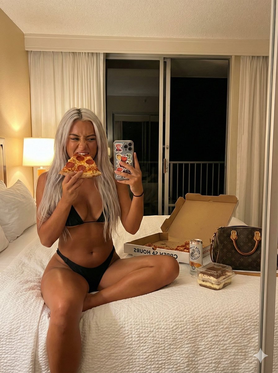 Mirror Selfie While Eating Pizza in a Hotel Room 1