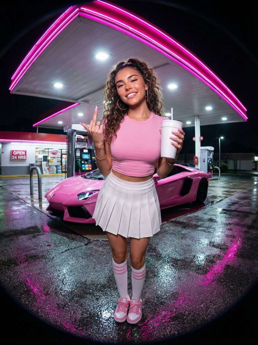 Neon Pink Gas Station Portrait (Fisheye Lens) 3