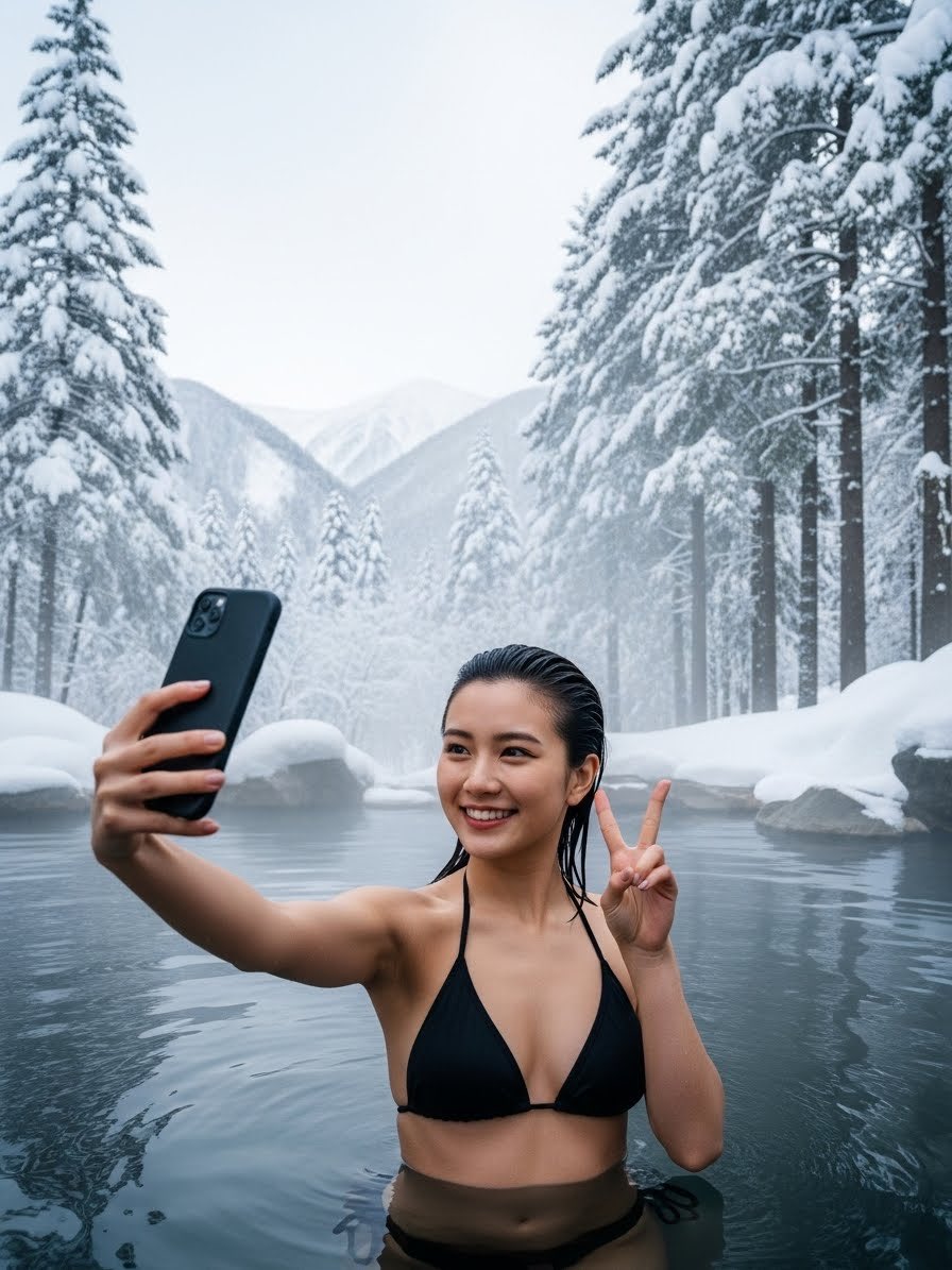 Photorealistic Japanese Female Influencer in Hot Spring 1