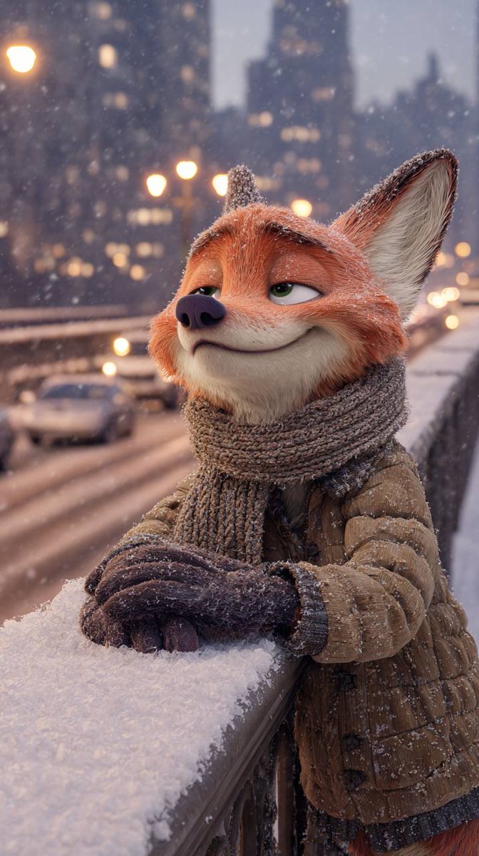 Anthropomorphic Fox in a Winter City 1