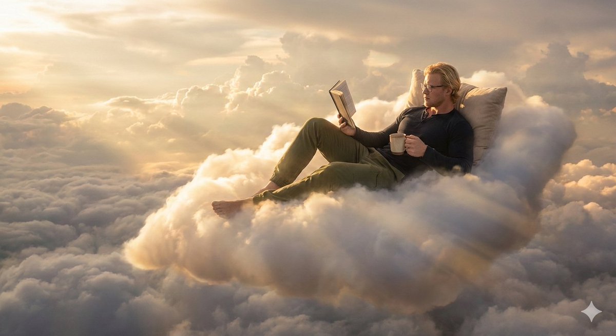 Person relaxing on glowing cloud above the sky 3
