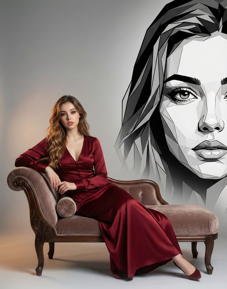 Elegant Portrait with Geometric Mural Contrast 1