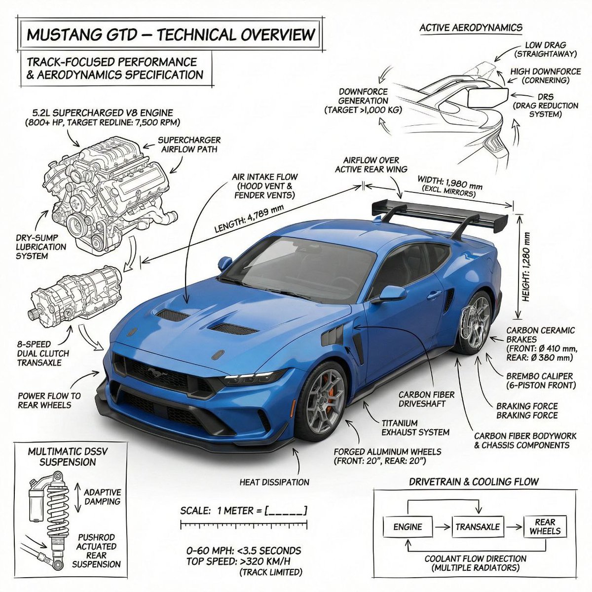 Infographic image of Mustang GTD with technical annotations 1