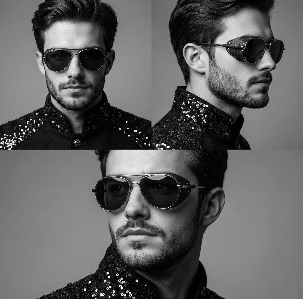 High-Contrast Monochrome Triptych Portrait with Steampunk Sunglasses 1