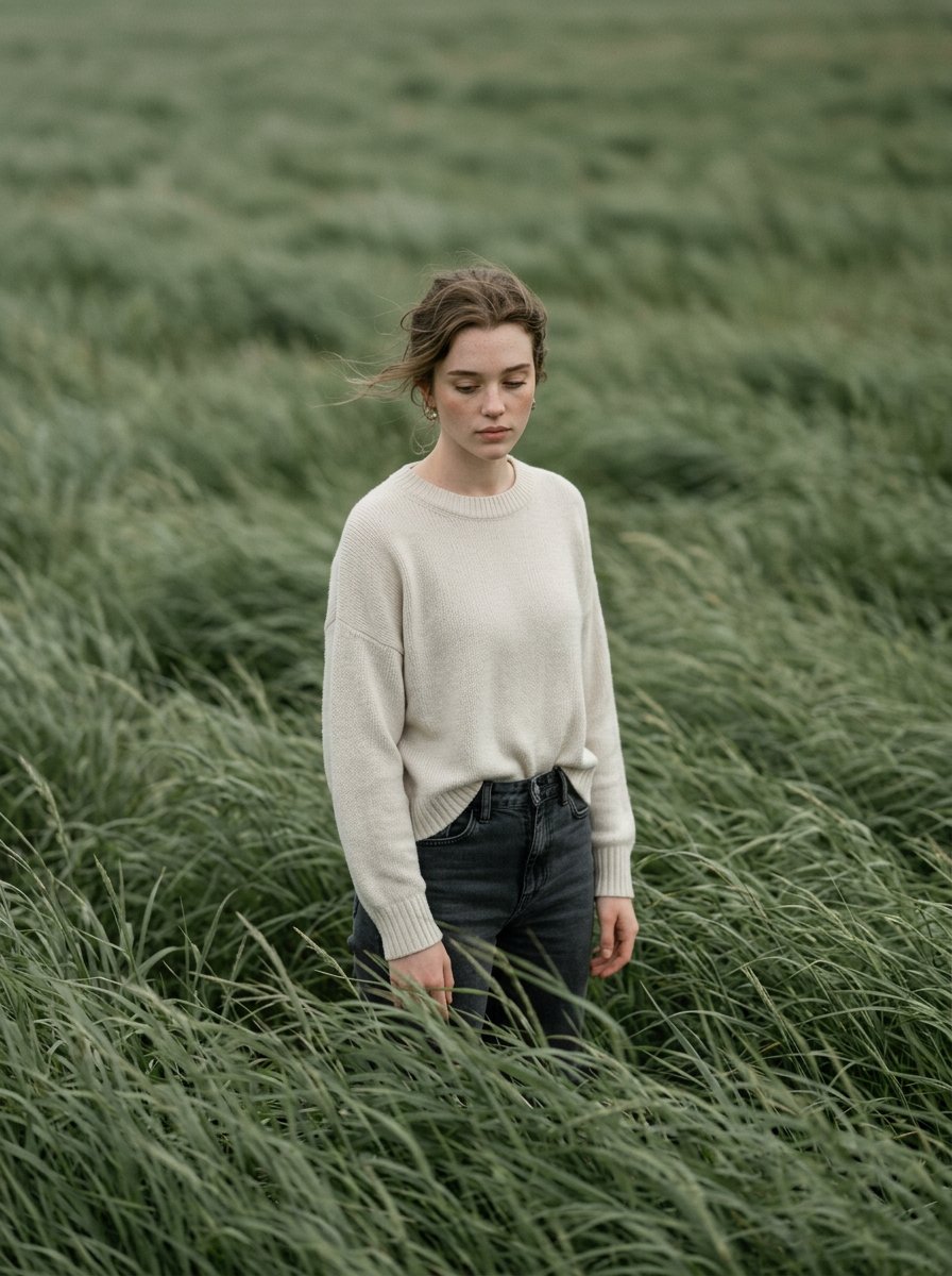 Cinematic Portrait in Sage-Green Grass Field 1