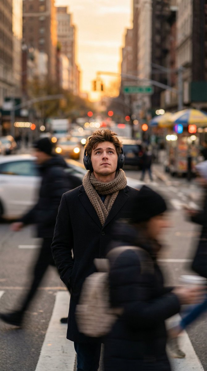 Introspective Man in Motion-Blurred City Crowd 2