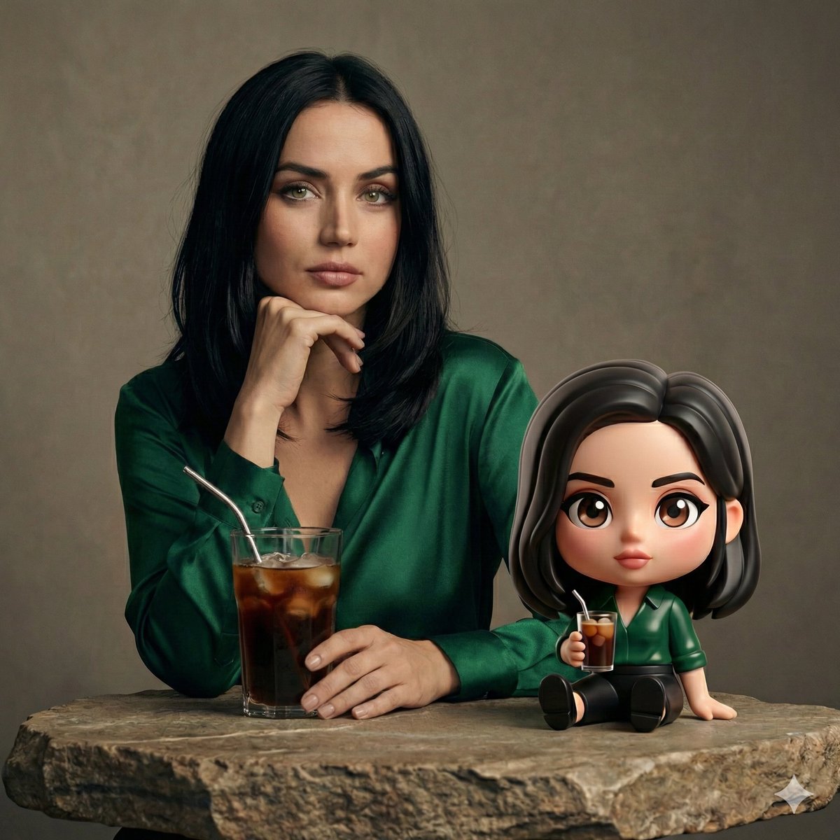 Cinematic Studio Portrait of Ana de Armas with Chibi Figure 2