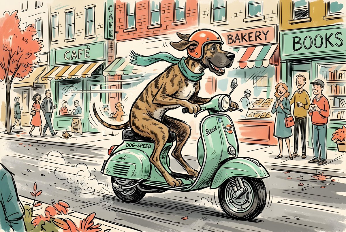 Sketchy Illustration of Dog on Scooter 1