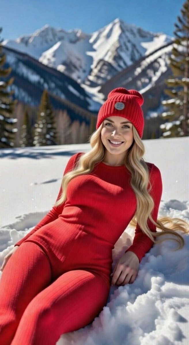 Blonde Woman in Red Bodysuit in Snow 2