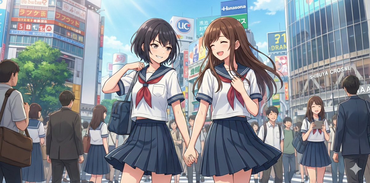 NanoBananaPro Image Generation Prompt: Two High School Girls in Shibuya 1