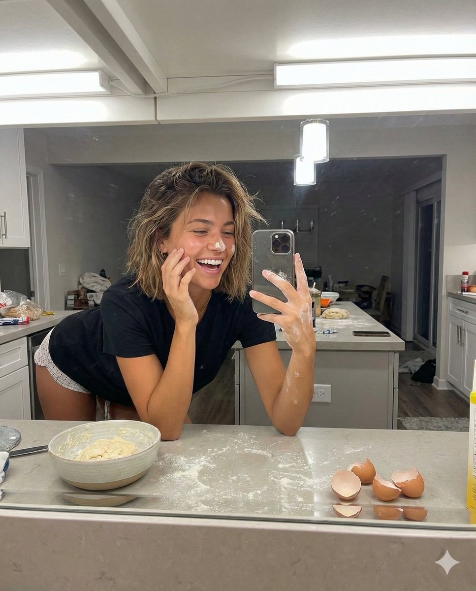 Playful Mirror Selfie in a Messy Kitchen 1