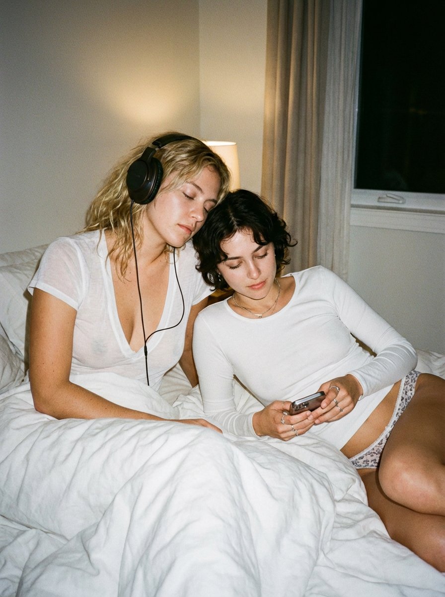 Intimate Candid Lifestyle Photo of Two Women on White Sheets 1