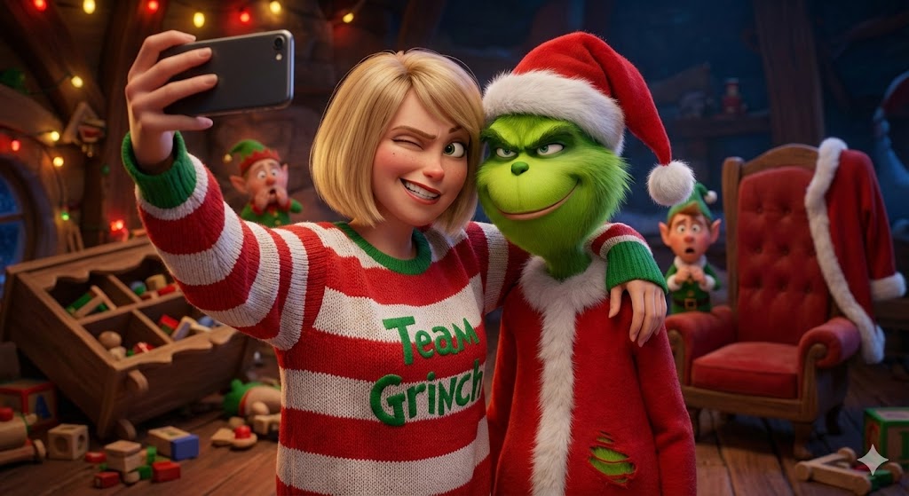 Grinch and Woman Selfie in North Pole Workshop 1