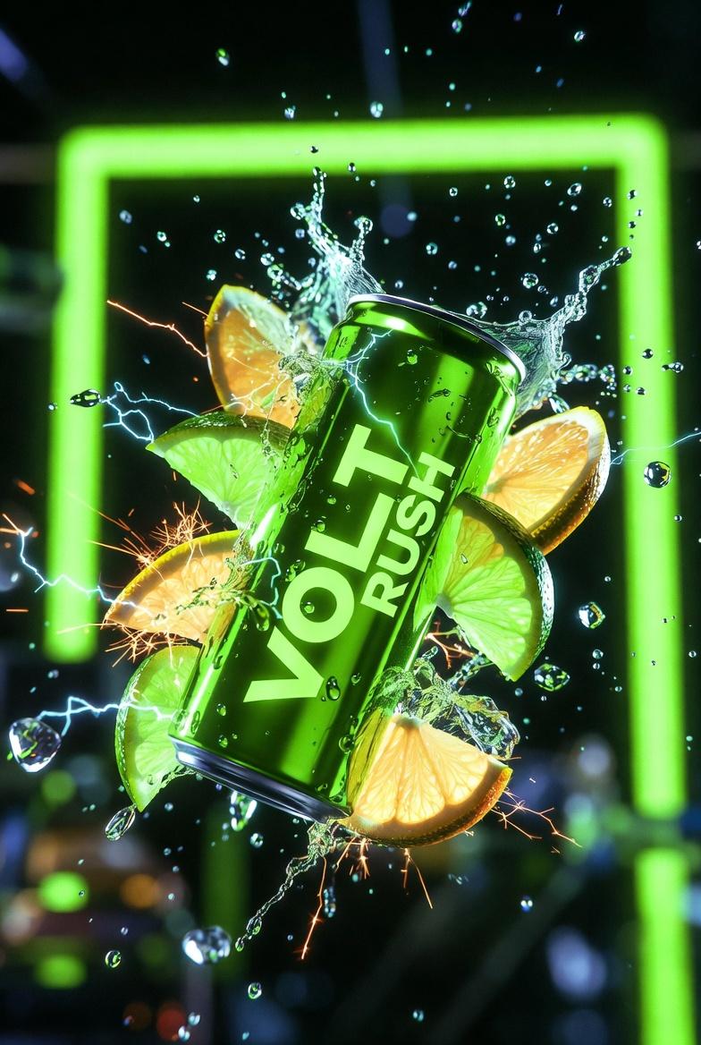 Ultra-Cinematic Product Photography of 'VOLT RUSH' Energy Drink 2