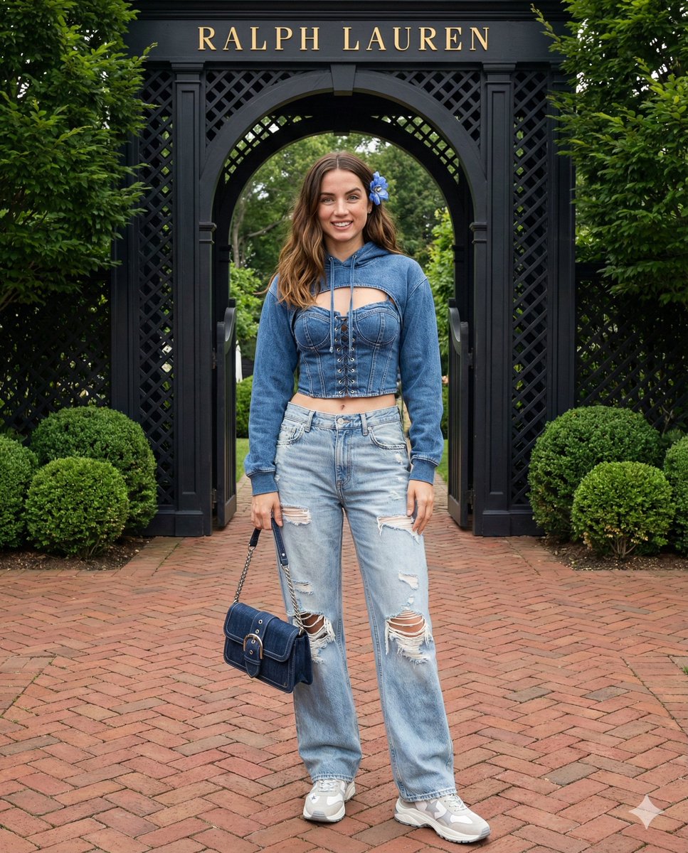 Y2K Denim-on-Denim Fashion Shot in Garden Setting 2