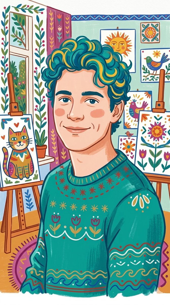 Whimsical Folk-Art Illustration Scene 2