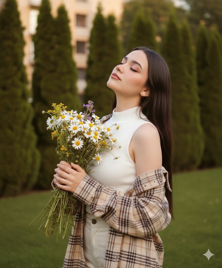 Dreamy Cinematic Portrait with Wild Bouquet in Golden Hour 1