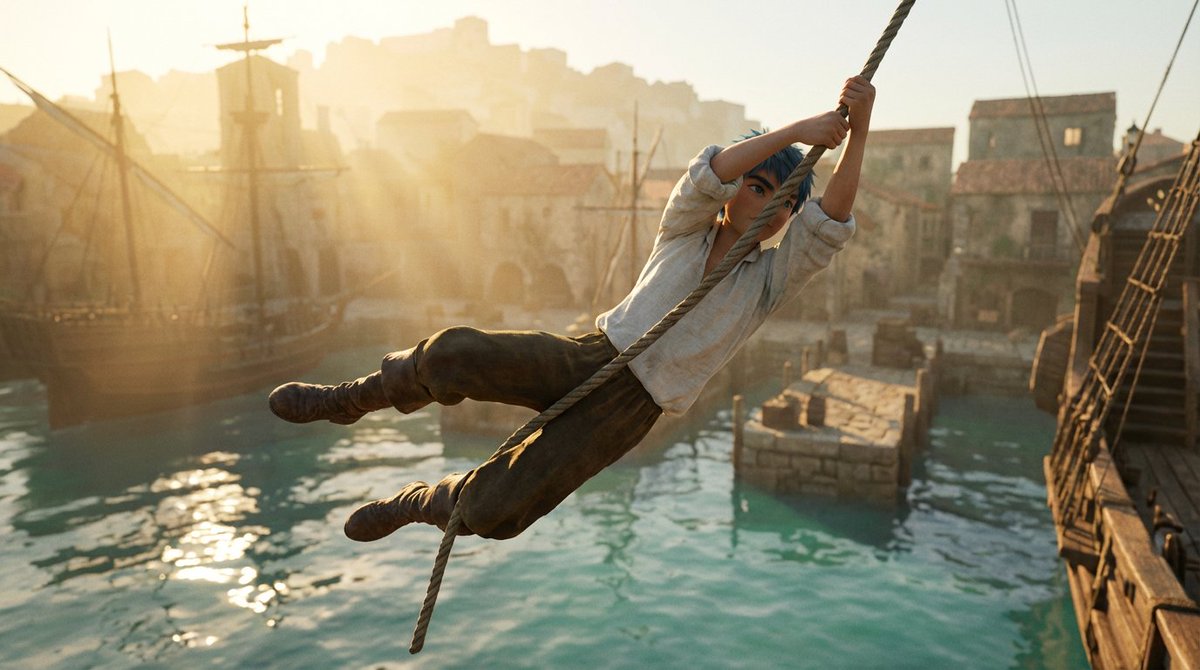 Frozen Action Shot of Character Swinging on a Rope 1