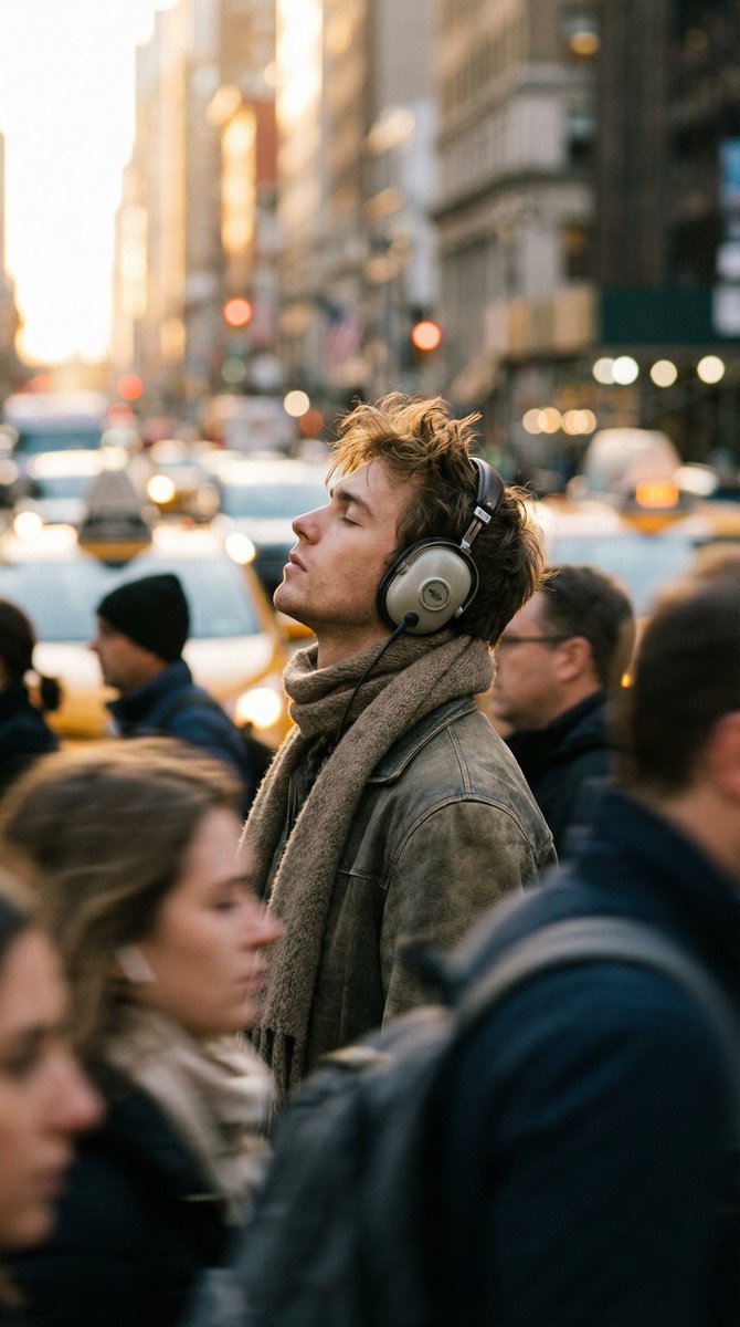 Introspective Man in Motion-Blurred City Crowd 1