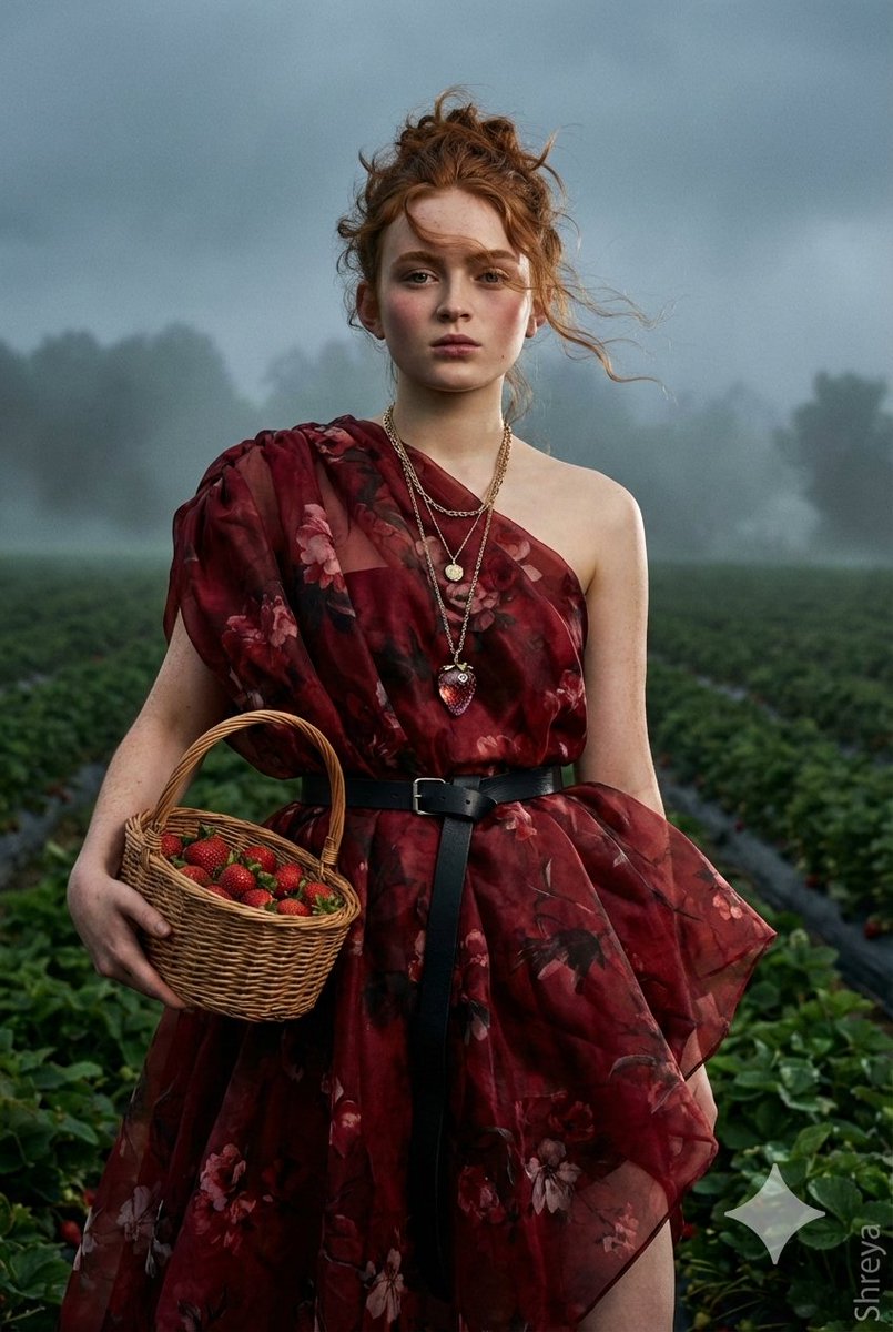 High-Fashion Strawberry Harvest Portrait Prompt 2