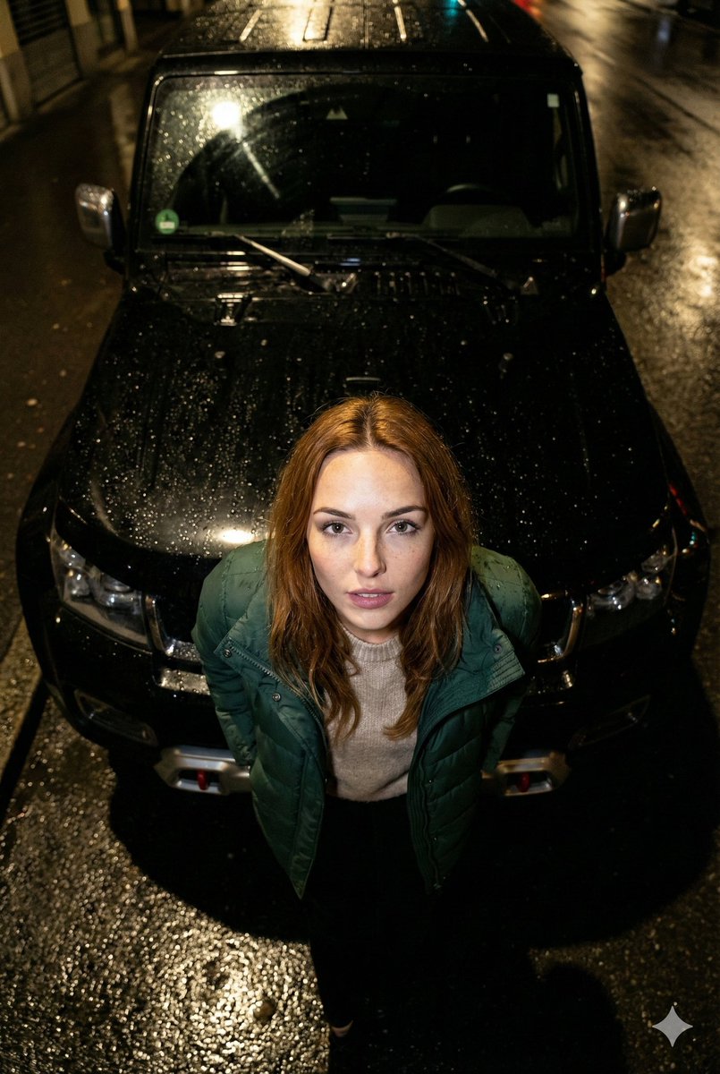 High-Angle Flash Photo on SUV Hood at Night 2