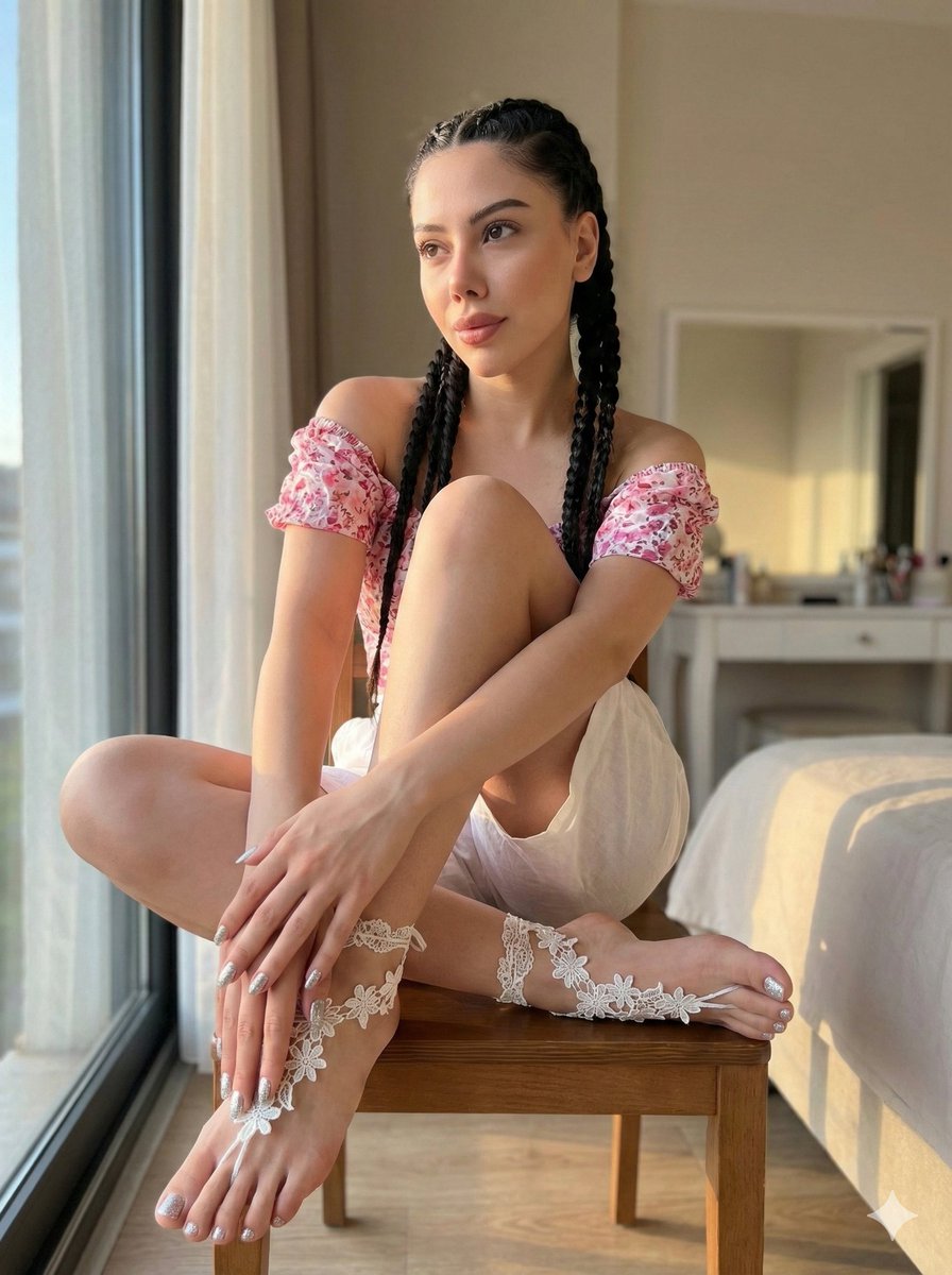 Golden Hour Bedroom Portrait with Lace Foot Jewelry 1