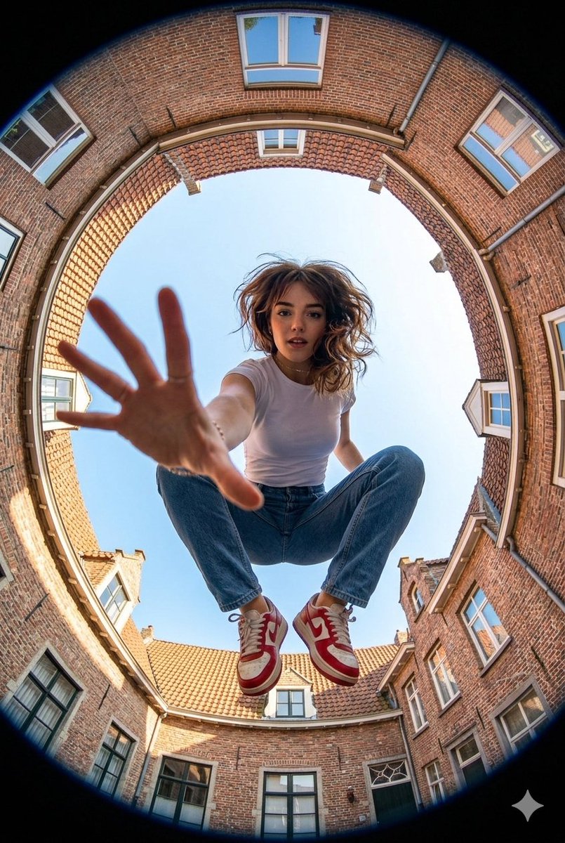 Ultra-wide fisheye shot of a woman crouching mid-air 1